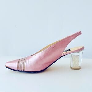 Vintage Pink Leather Slingback Pumps Clear Lucite Block Heel with Pearls Inside